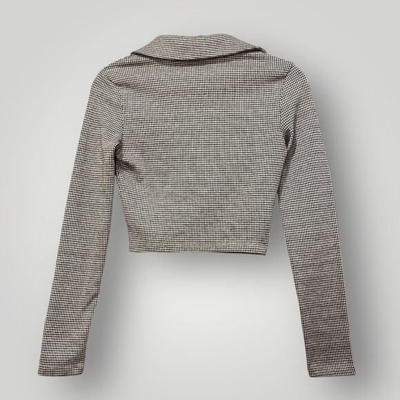 Hesperus Crop Top Women’s Size XS Collared Houndstooth Long Sleeve Brown Tan - Picture 3 of 9